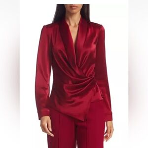Alice + Olivia Aurora Burgundy Satin Wrap Blouse